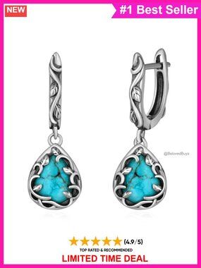 Genuine Turquoise Leaf Earrings 925 Sterling Silver Drop Dangle